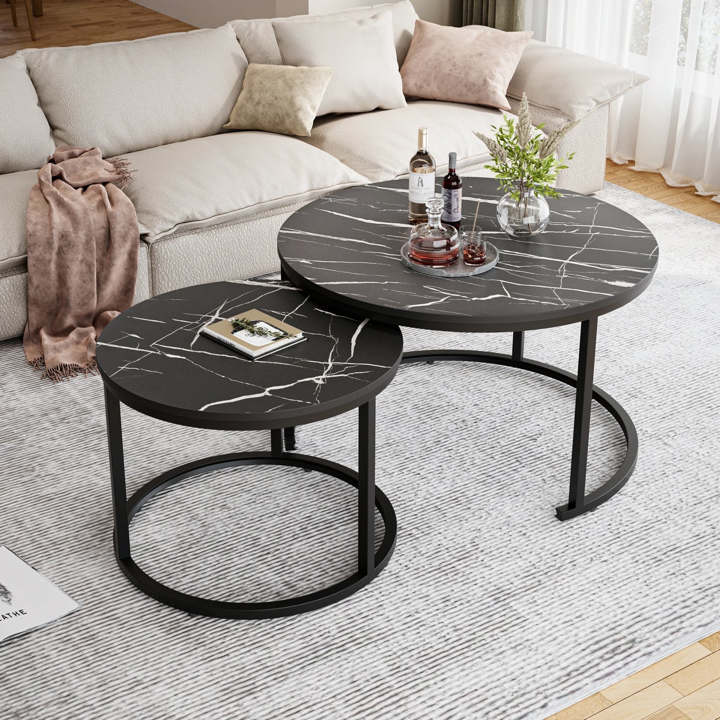 27.5" Nesting Coffee Table ,Round Marble Tops