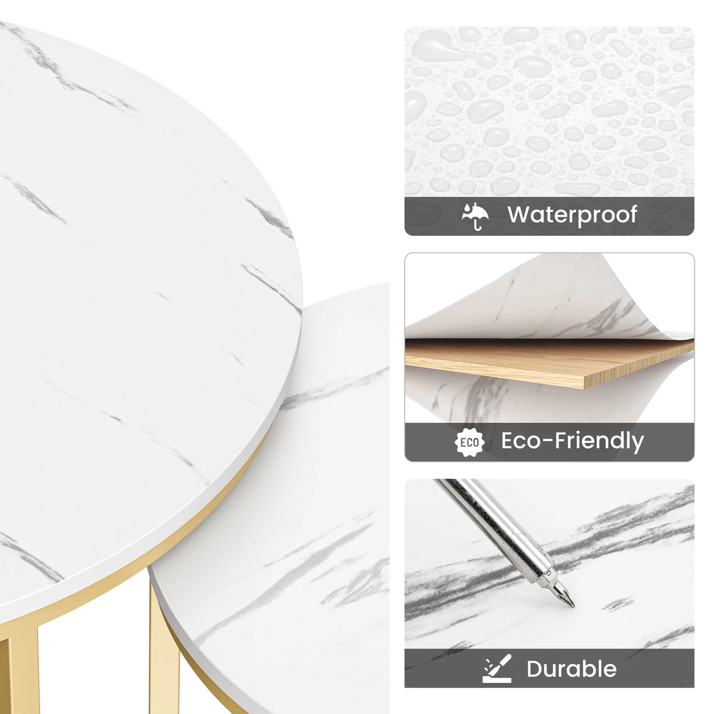 27.5" Nesting Coffee Table ,Round Marble Tops