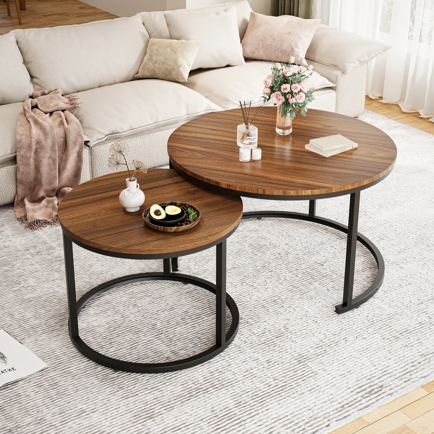 27.5" Nesting Coffee Table ,Round Marble Tops