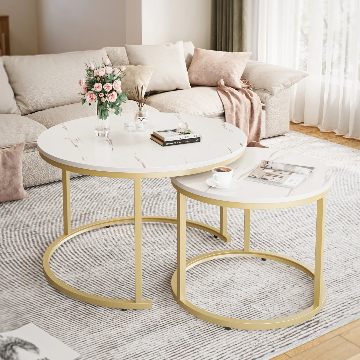 27.5" Nesting Coffee Table ,Round Marble Tops