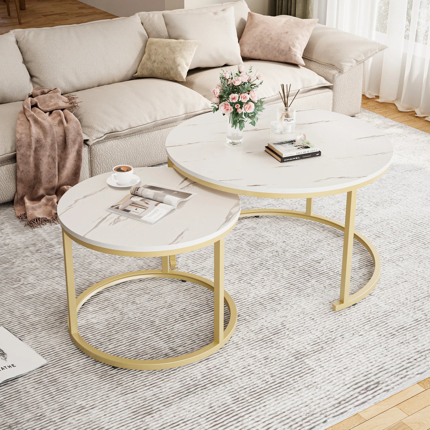 27.5" Nesting Coffee Table ,Round Marble Tops