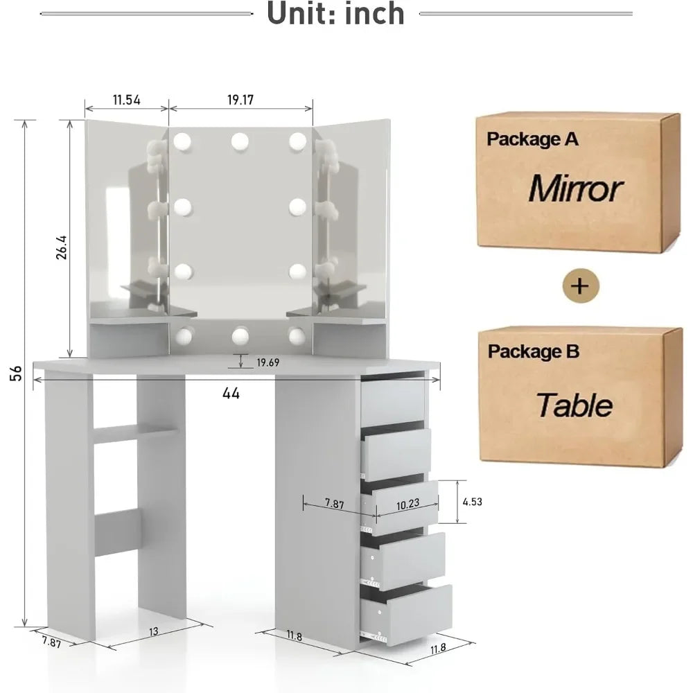 Corner Makeup Vanity Set, Mirror & Lights