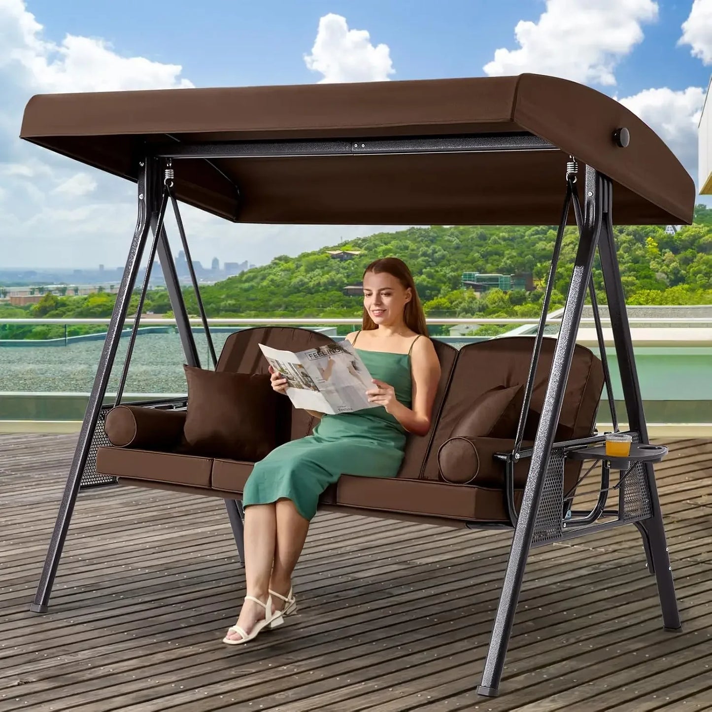 Outdoor Porch Swing with Adjustable Canopy