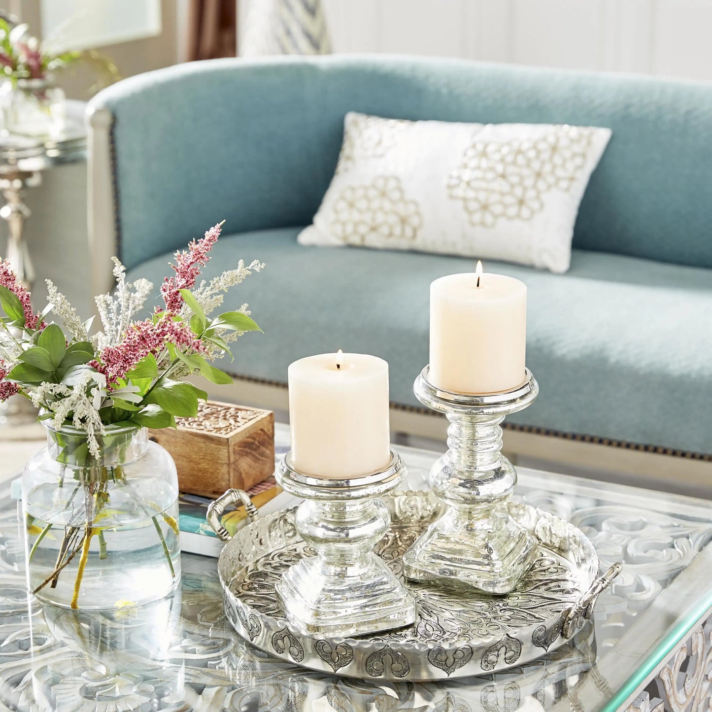 Silver Glass Handmade Pillar Candle Holder, Set of 2