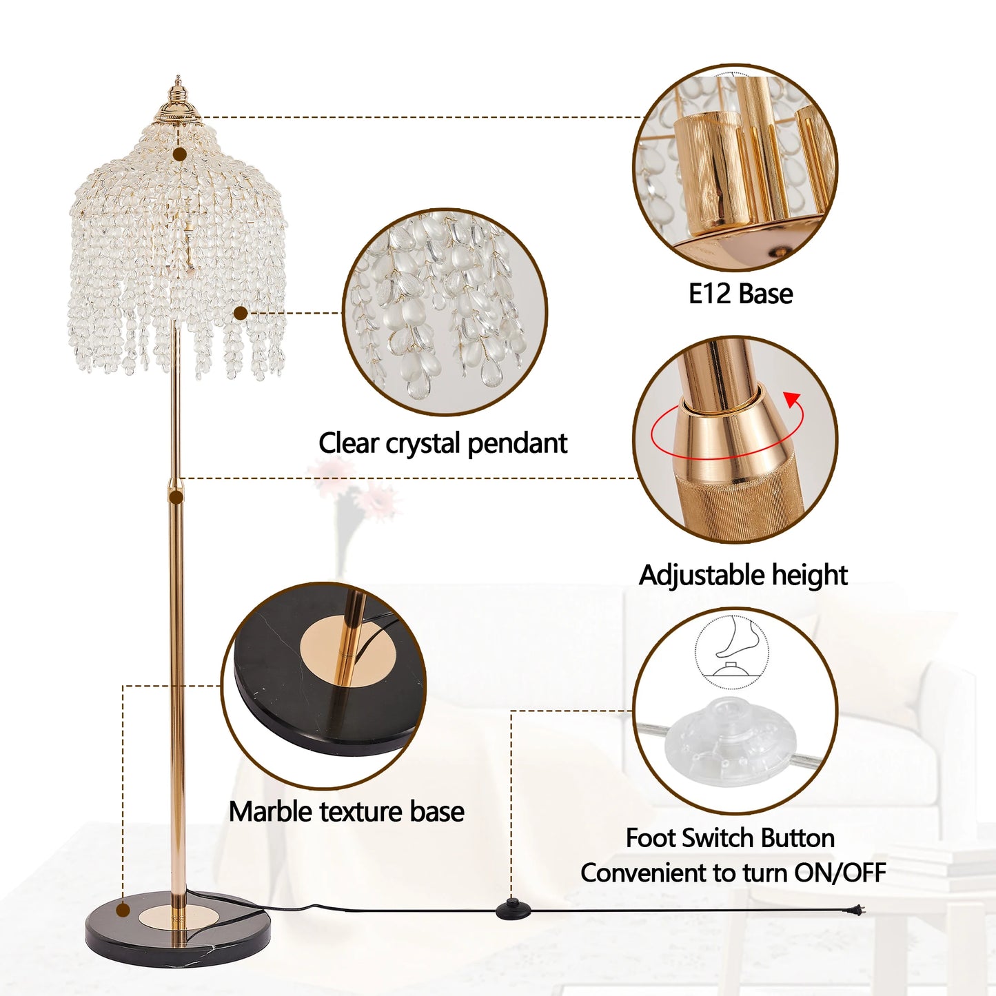 Crystal Floor Lamp Waterfall Design with Crystal Bead Strings