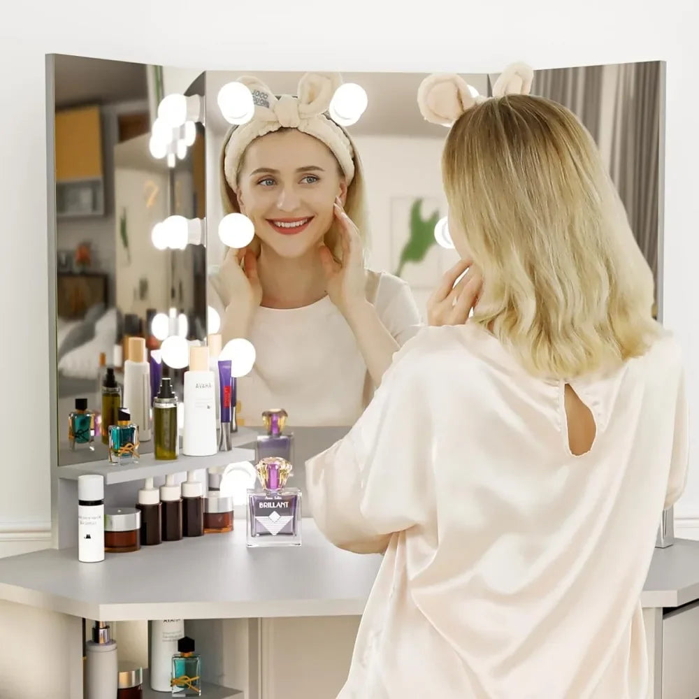 Corner Makeup Vanity Set, Mirror & Lights