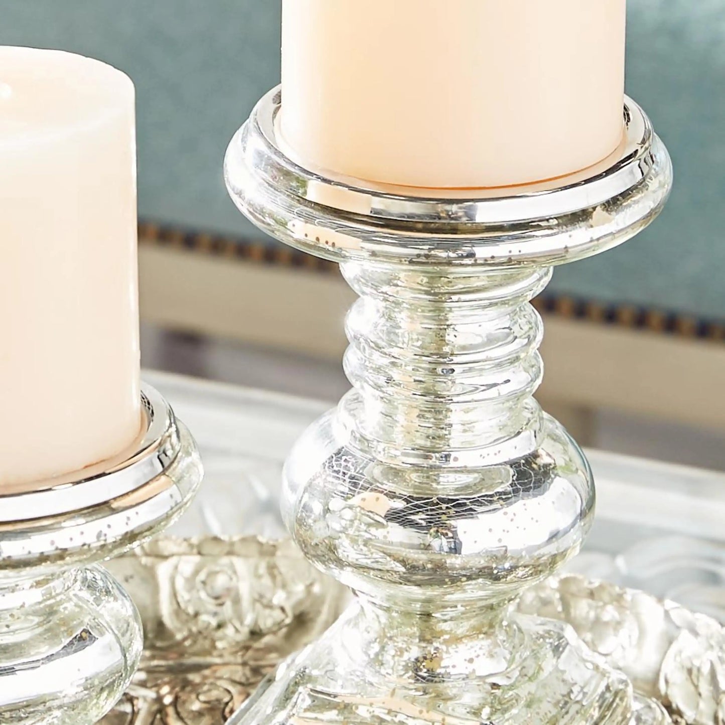 Silver Glass Handmade Pillar Candle Holder, Set of 2