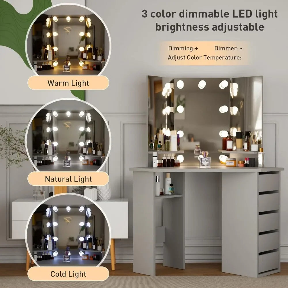 Corner Makeup Vanity Set, Mirror & Lights