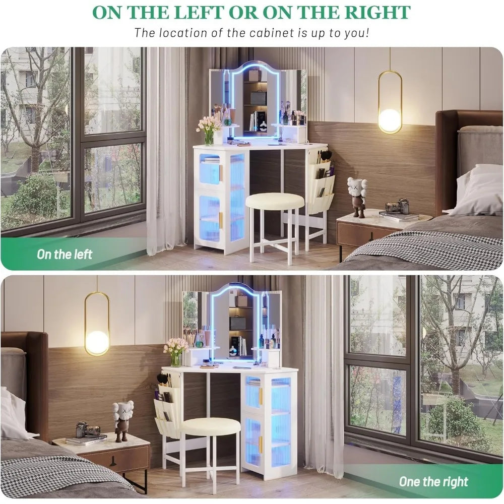 Corner Vanity Set with Stool & Mirror