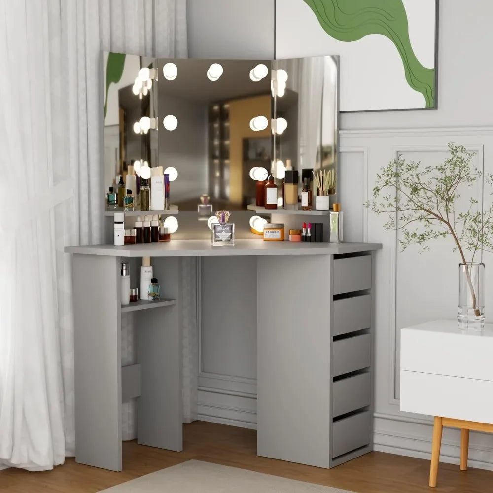 Corner Makeup Vanity Set, Mirror & Lights