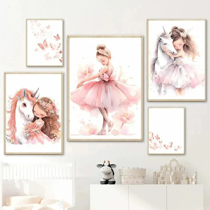 Pink Ballerina Girl Unicorn Butterfly Poster Kids Room Decorative Canvas Posters Nursery Wall Art Poster Baby Bedroom Decor