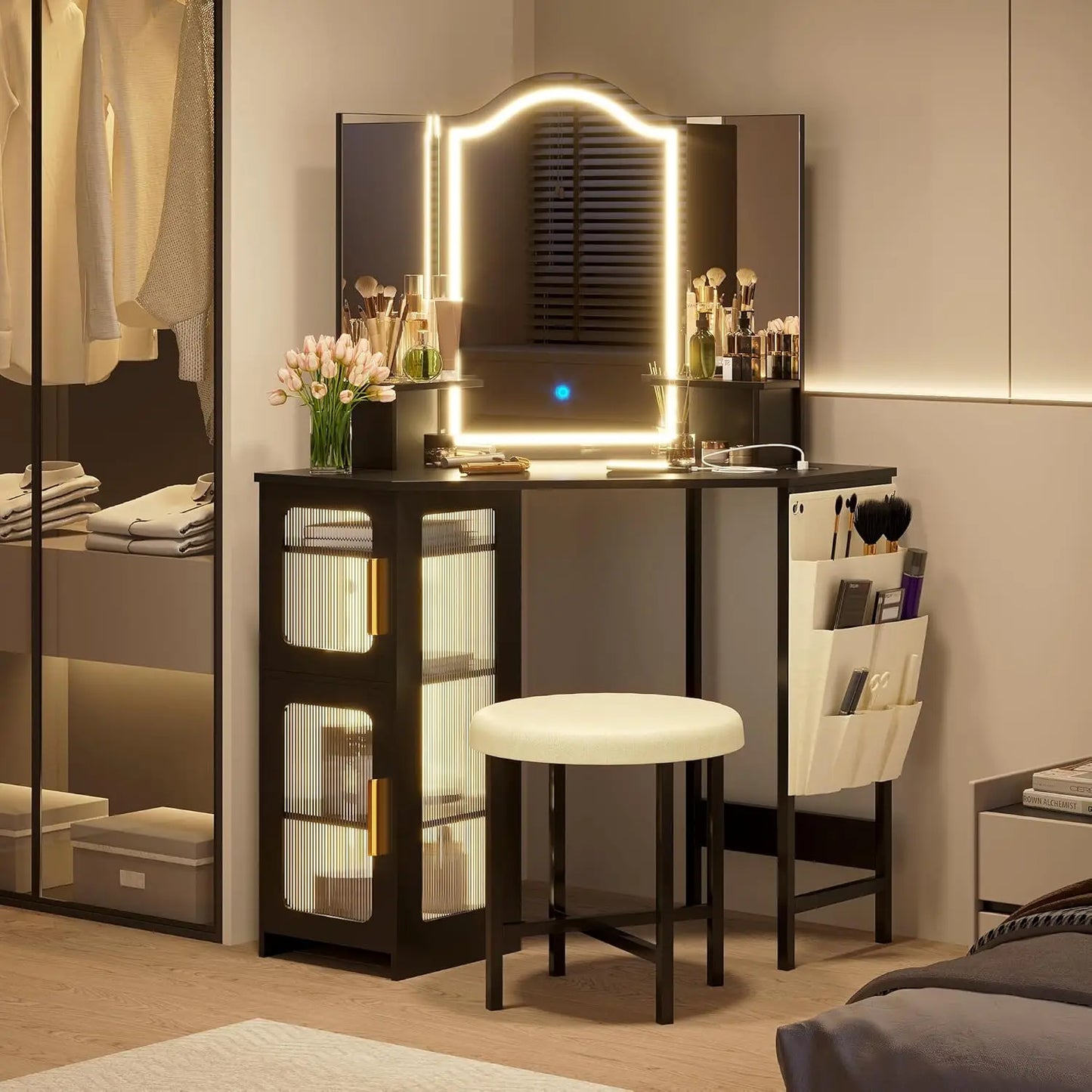 Corner Vanity Set with Stool & Mirror