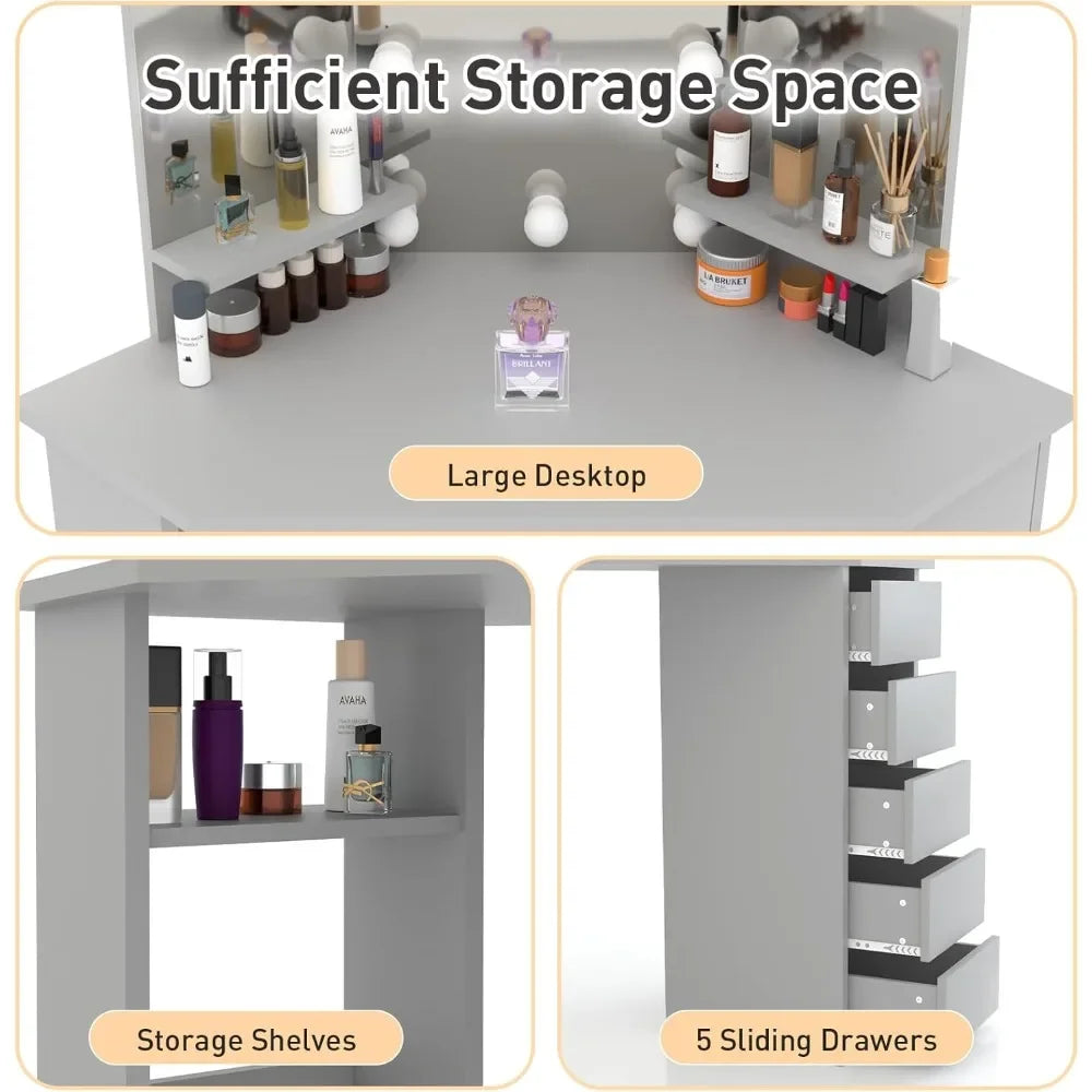 Corner Makeup Vanity Set, Mirror & Lights