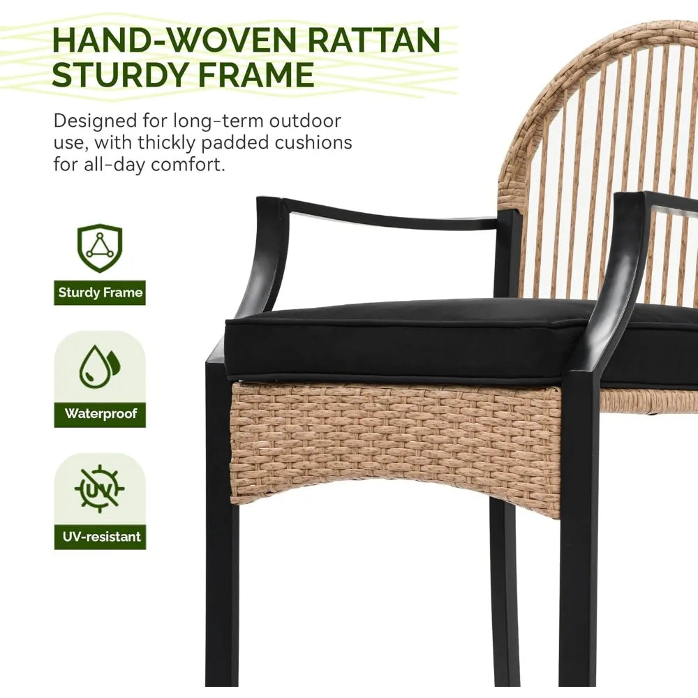 3-Piece Outdoor Wicker Bar Height Set, Cushioned Barstools