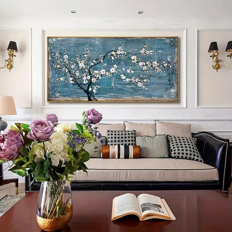 Teal Plum Blossom Canvas Wall Art