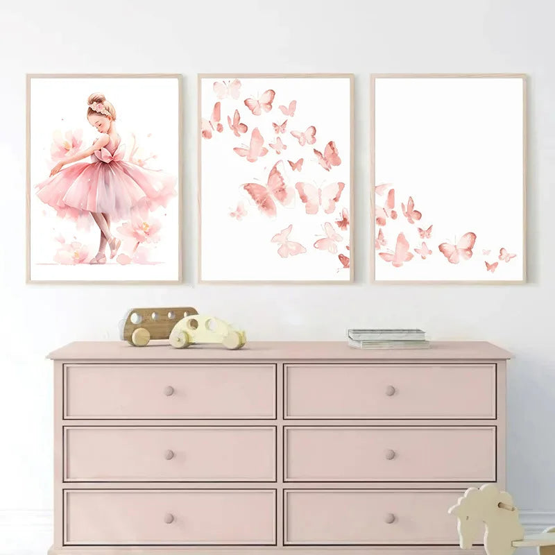 Pink Ballerina Girl Unicorn Butterfly Poster Kids Room Decorative Canvas Posters Nursery Wall Art Poster Baby Bedroom Decor
