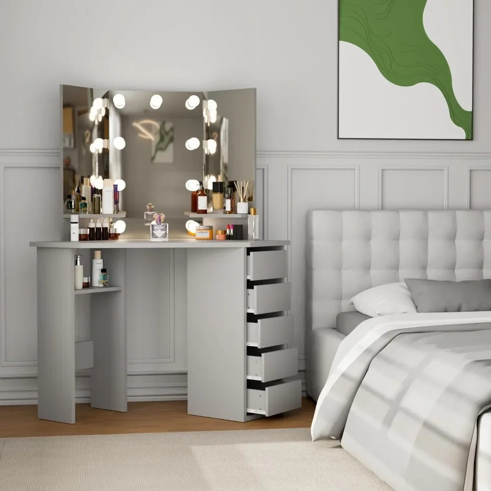 Corner Makeup Vanity Set, Mirror & Lights