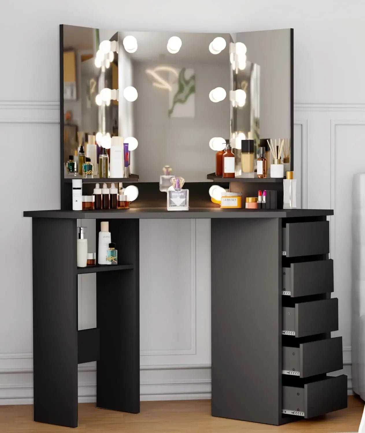 Corner Makeup Vanity Set, Mirror & Lights
