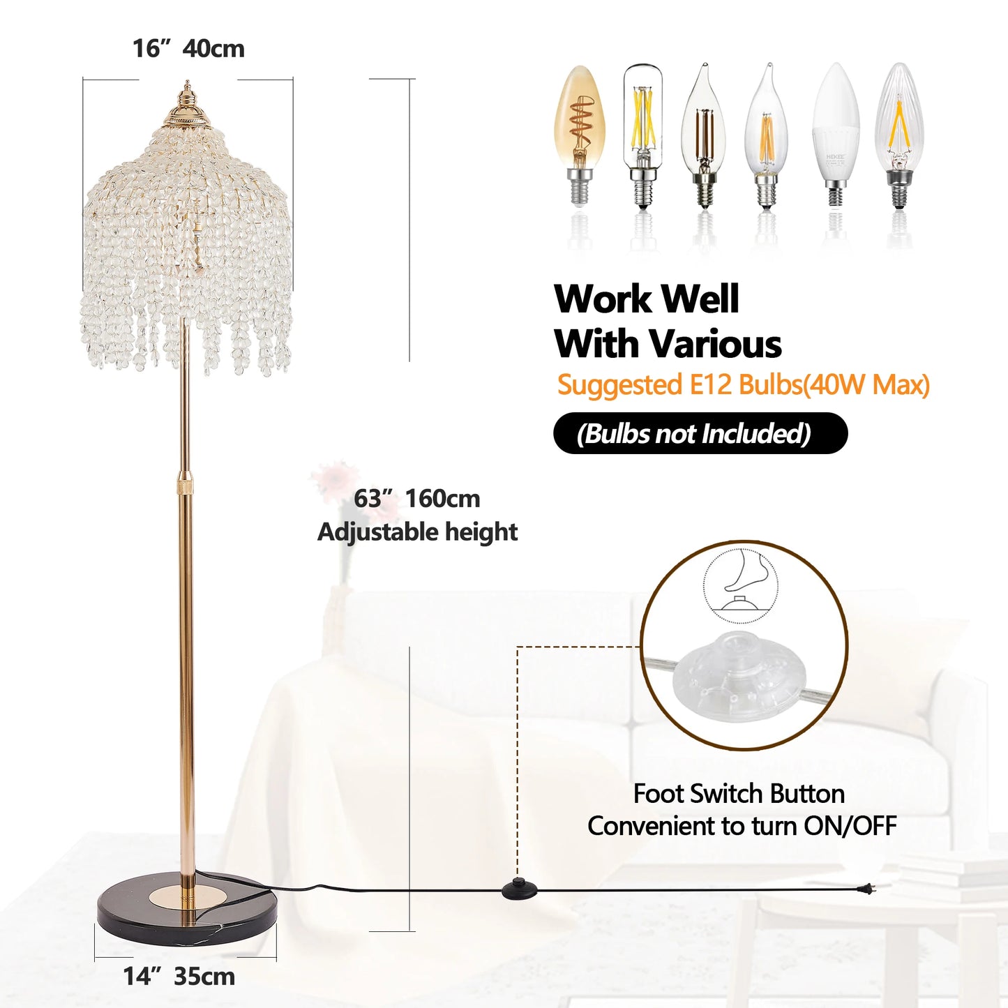 Crystal Floor Lamp Waterfall Design with Crystal Bead Strings