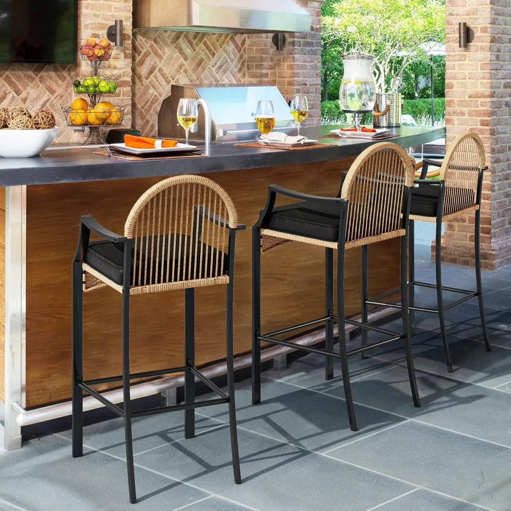 3-Piece Outdoor Wicker Bar Height Set, Cushioned Barstools