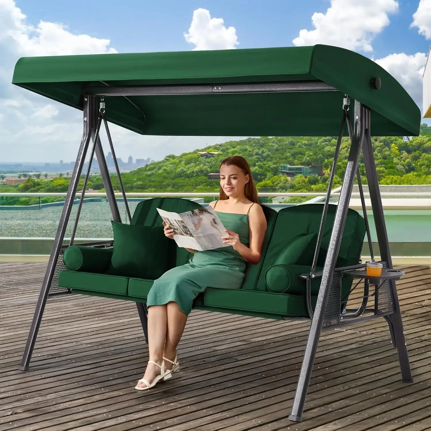 Outdoor Porch Swing with Adjustable Canopy