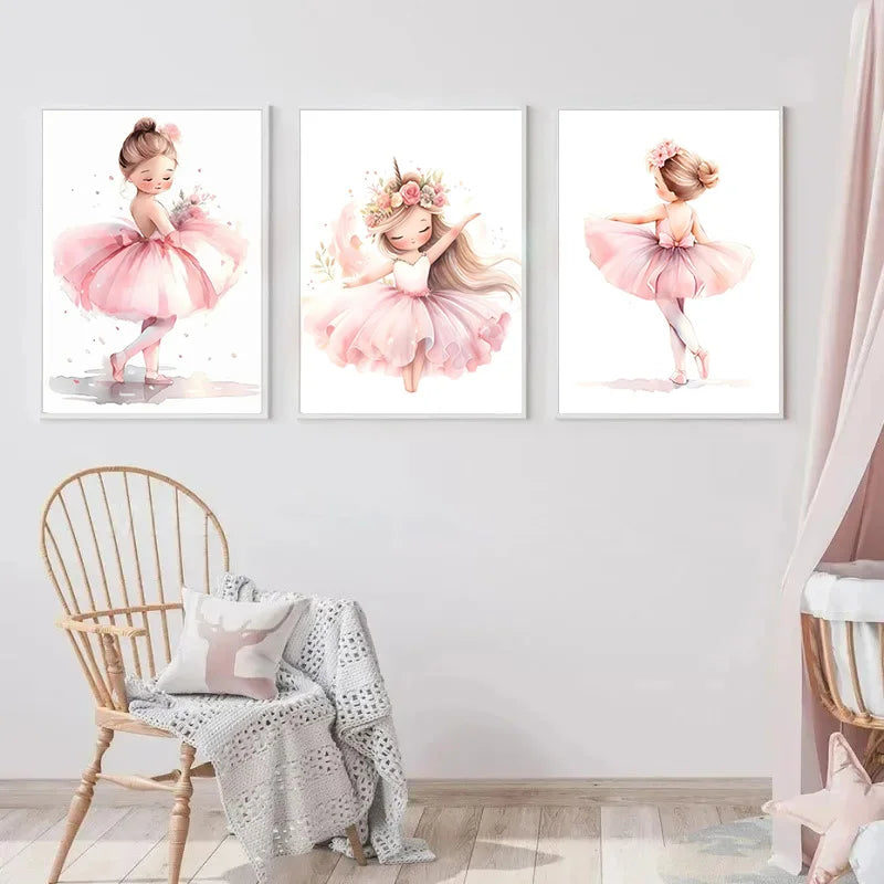 Pink Ballerina Girl Unicorn Butterfly Poster Kids Room Decorative Canvas Posters Nursery Wall Art Poster Baby Bedroom Decor