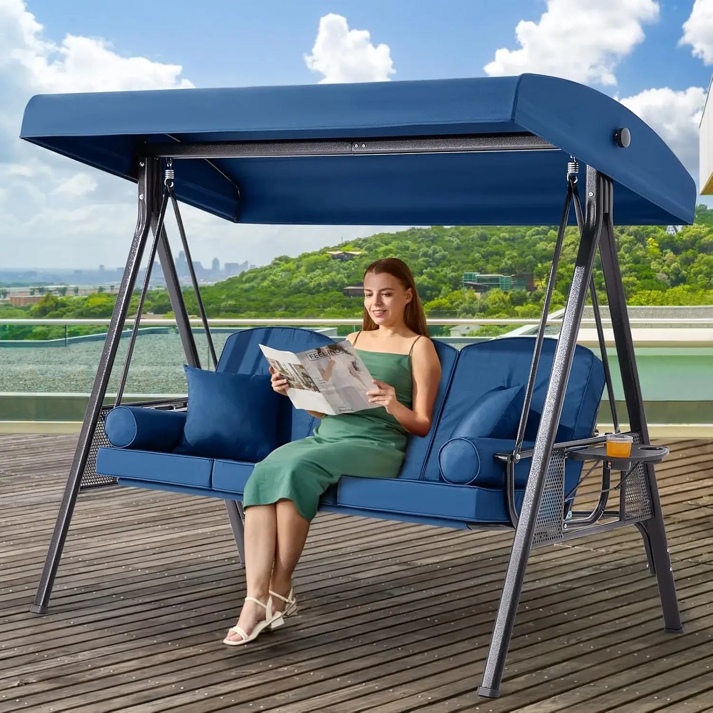 Outdoor Porch Swing with Adjustable Canopy