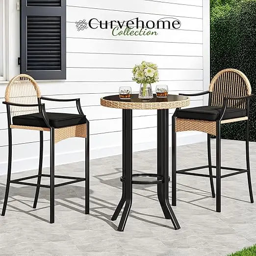 3-Piece Outdoor Wicker Bar Height Set, Cushioned Barstools
