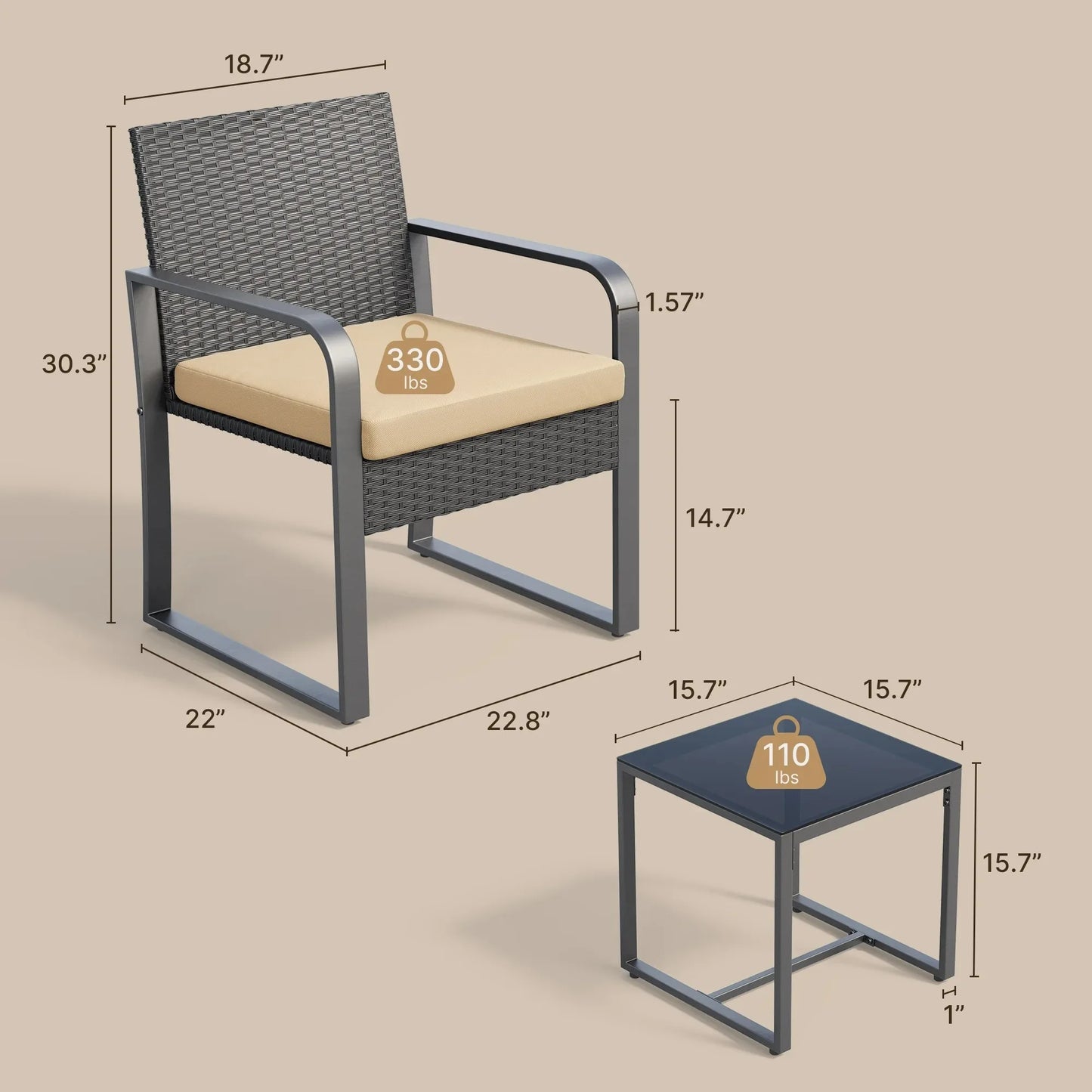 3-Piece Patio Chairs Set with Glass Coffee Table