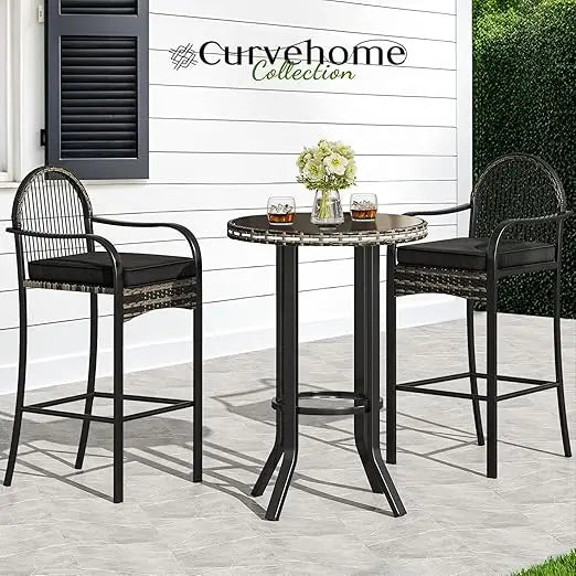 3-Piece Outdoor Wicker Bar Height Set, Cushioned Barstools