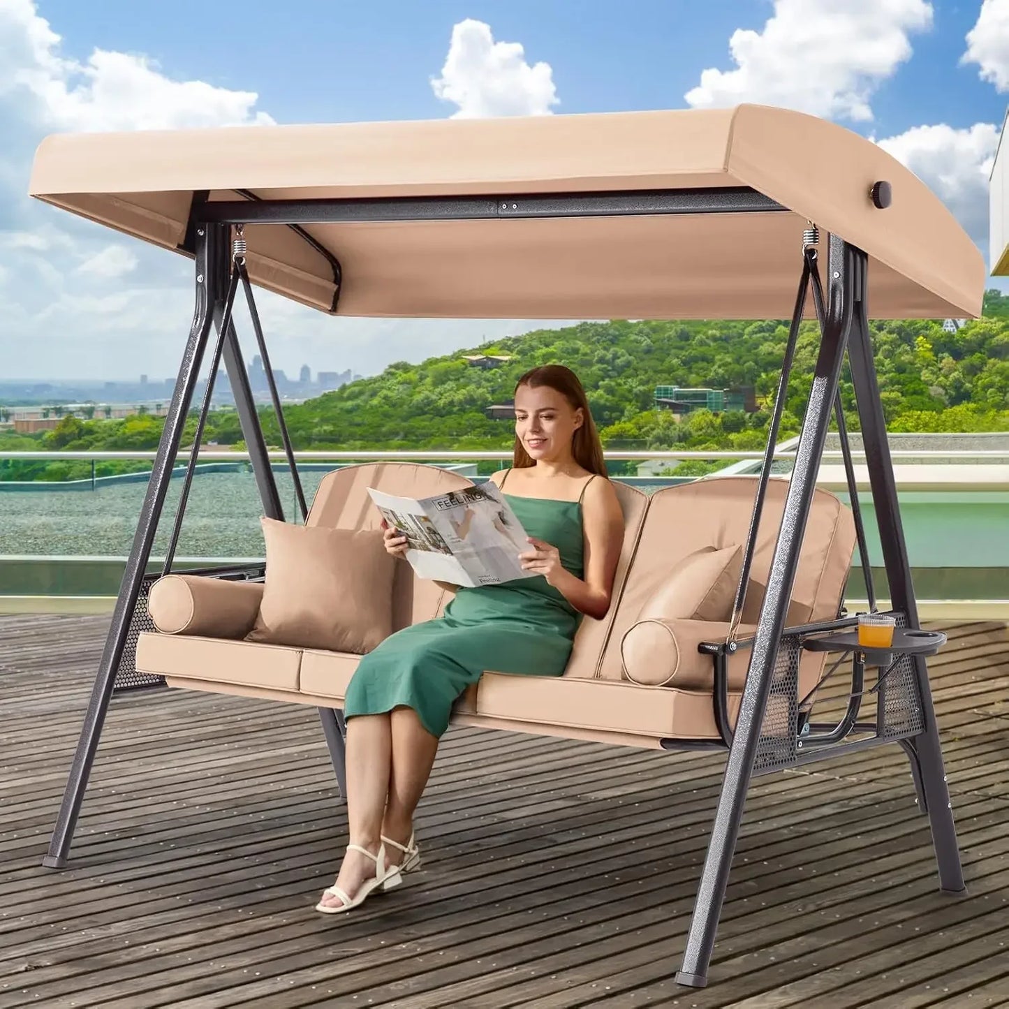 Outdoor Porch Swing with Adjustable Canopy