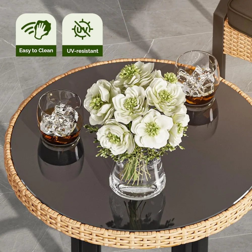 3-Piece Outdoor Wicker Bar Height Set, Cushioned Barstools