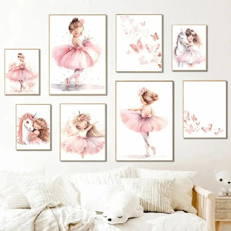 Pink Ballerina Girl Unicorn Butterfly Poster Kids Room Decorative Canvas Posters Nursery Wall Art Poster Baby Bedroom Decor