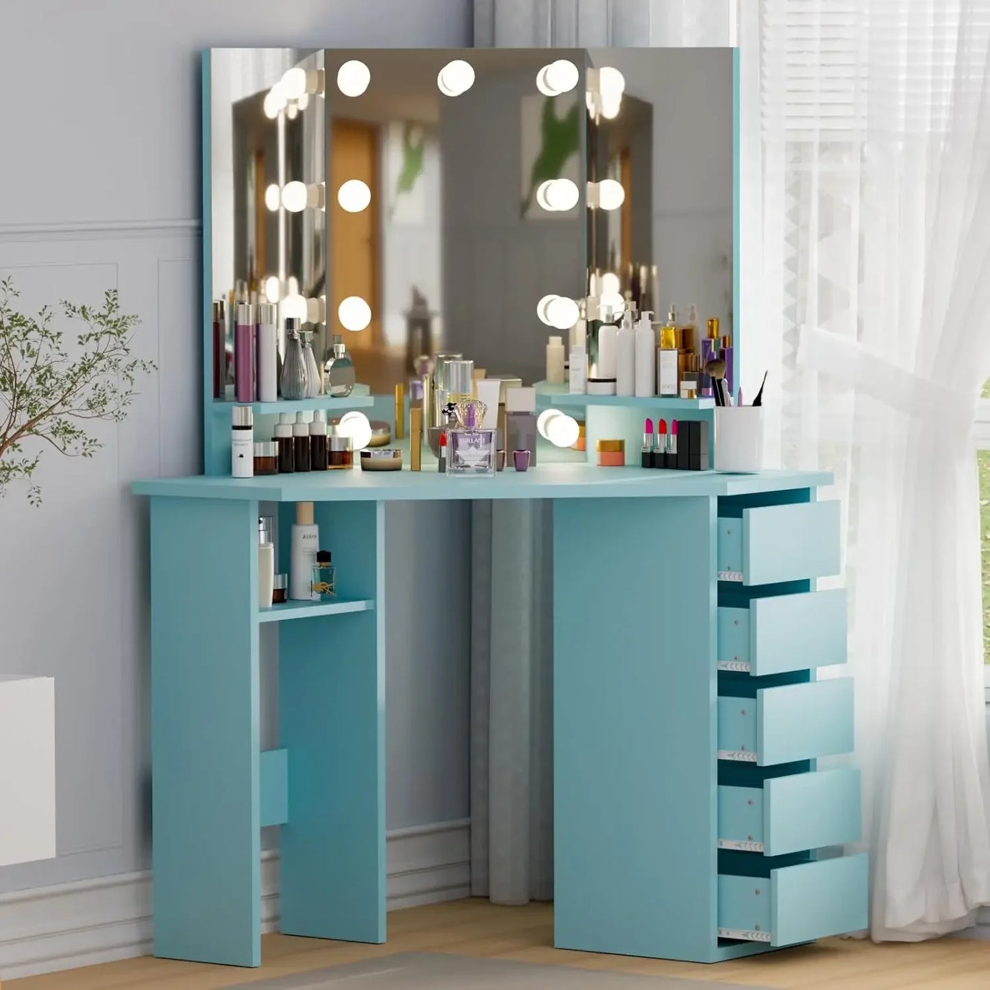 Corner Makeup Vanity Set, Mirror & Lights