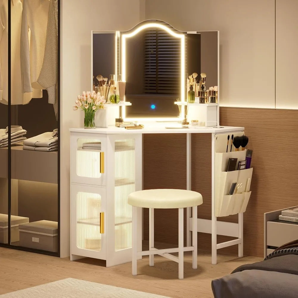 Corner Vanity Set with Stool & Mirror