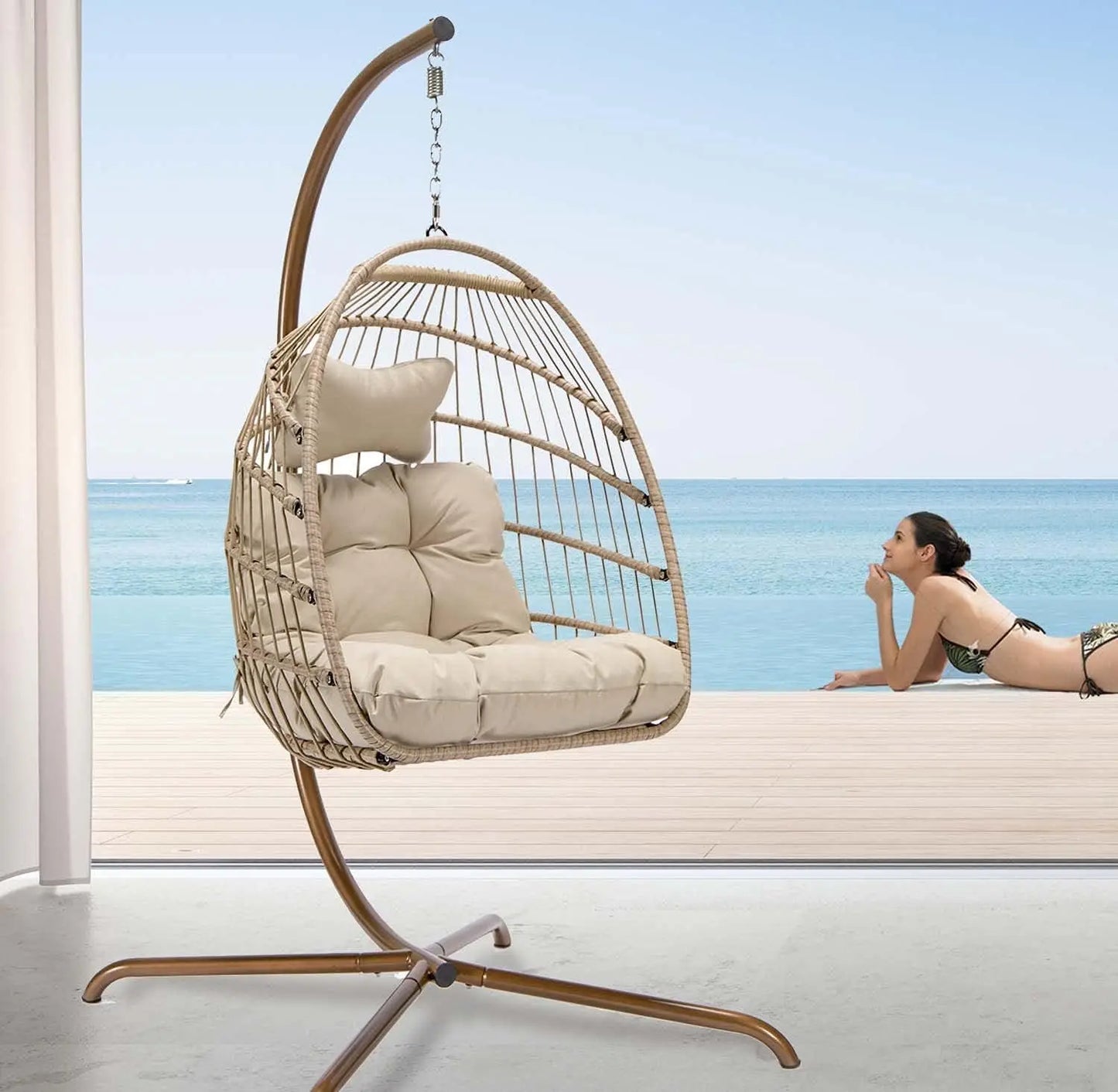 Patio Wicker Hanging Egg Chair with Stand