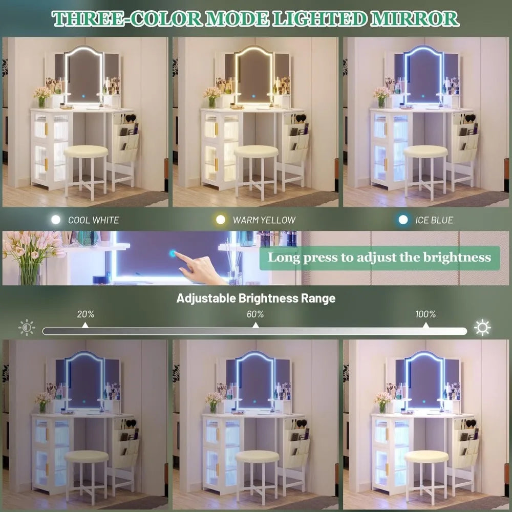 Corner Vanity Set with Stool & Mirror