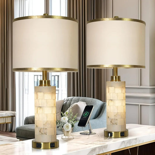 Natural Alabaster Lamps Set of 2, Night Light, USB