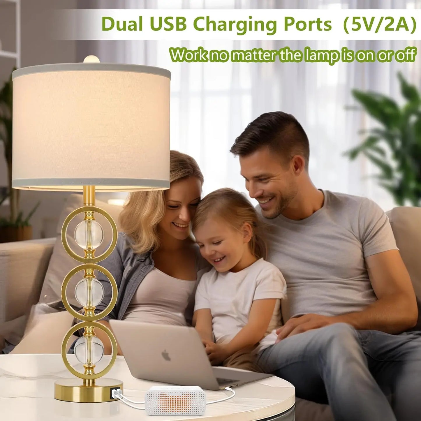 Set Of 2 Modern Gold Table Lamps With 2 USB Charging Ports, 27“ Tall