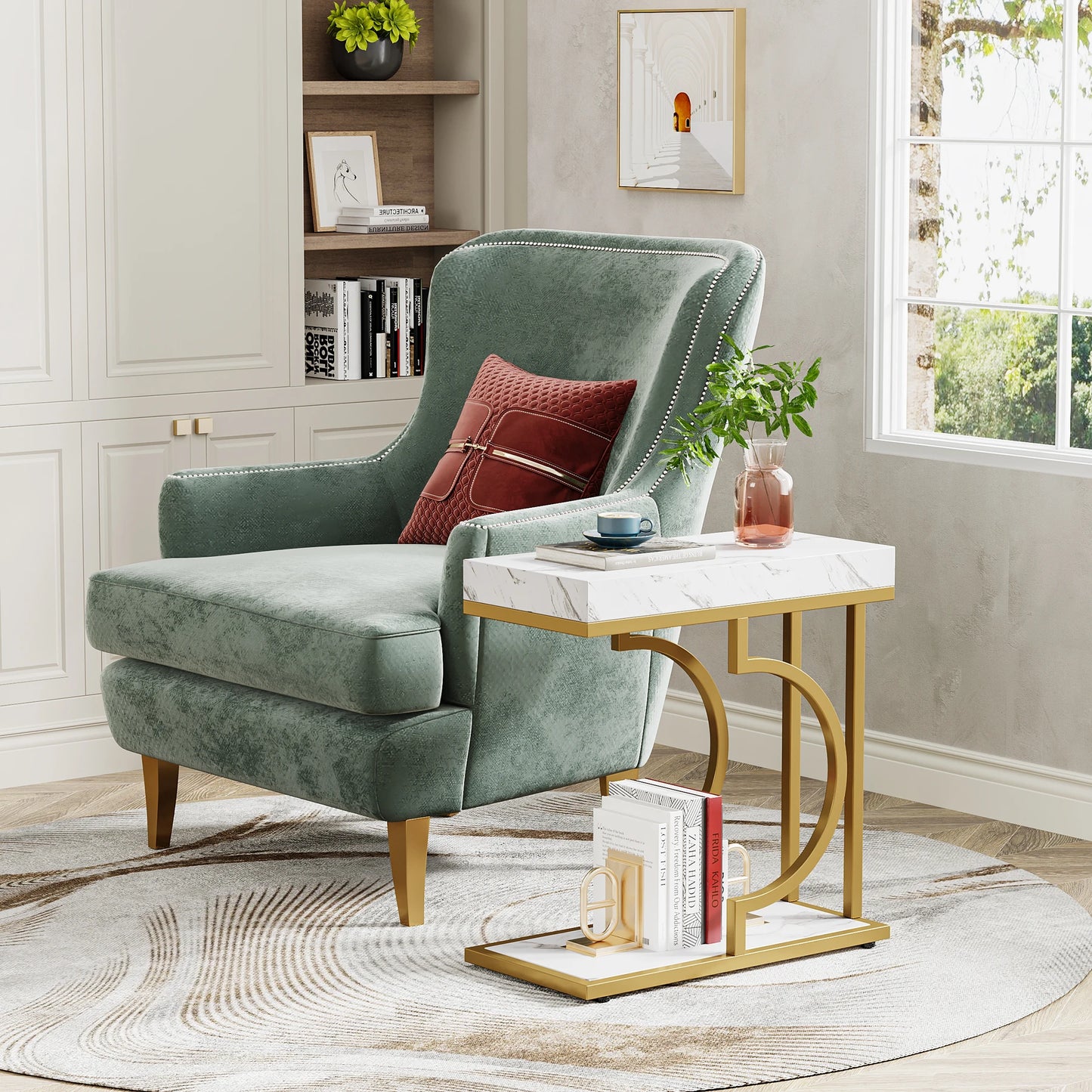 Narrow Side Table, White, Gold