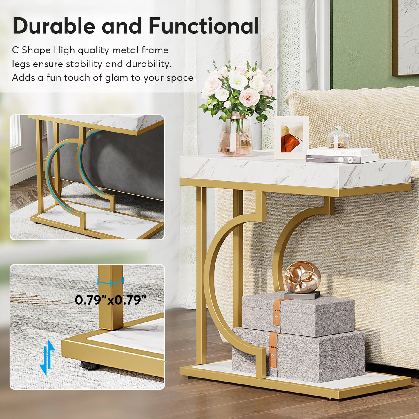 Narrow Side Table, White, Gold