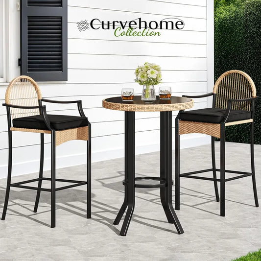 3-Piece Outdoor Wicker Bar Height Set, Cushioned Barstools
