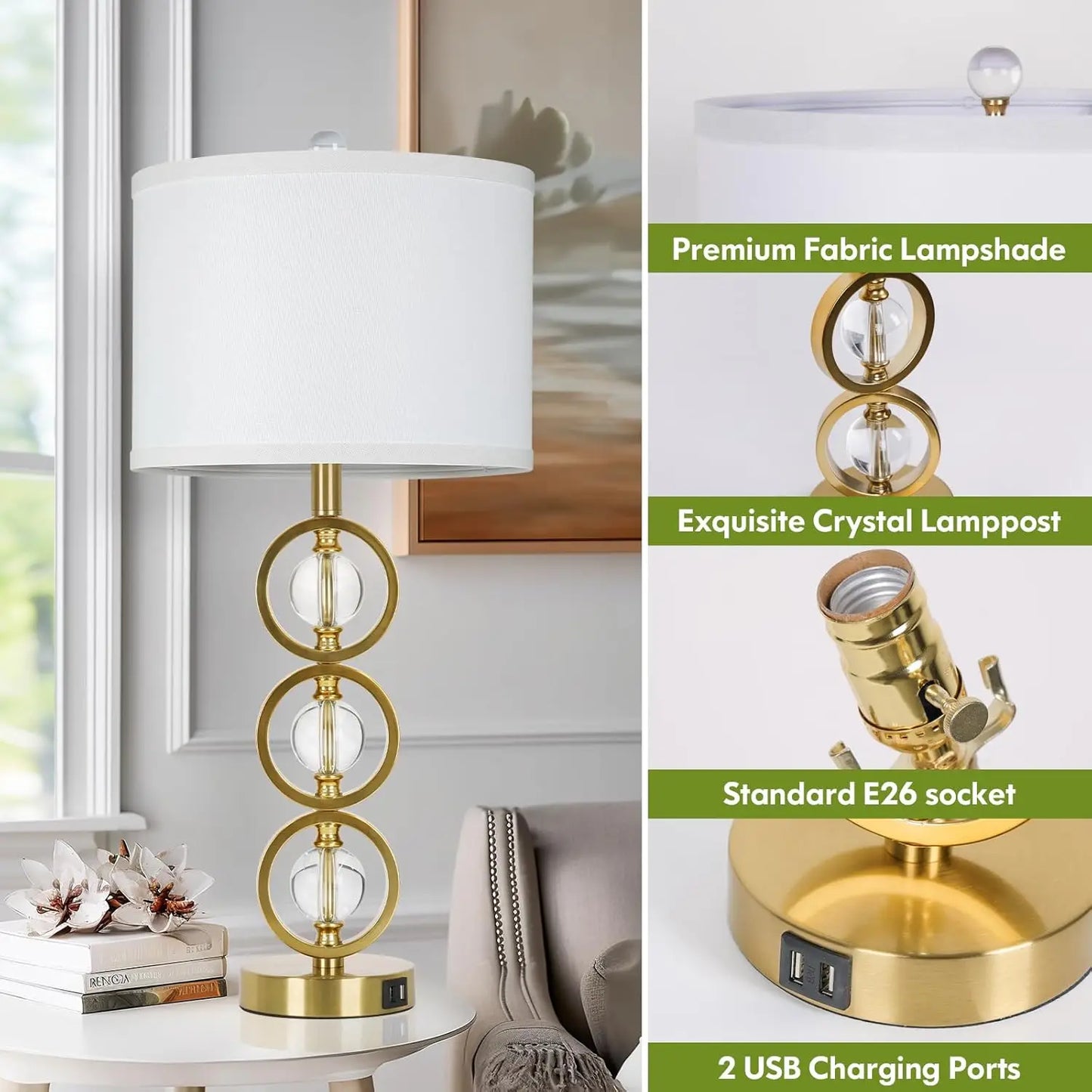 Set Of 2 Modern Gold Table Lamps With 2 USB Charging Ports, 27“ Tall