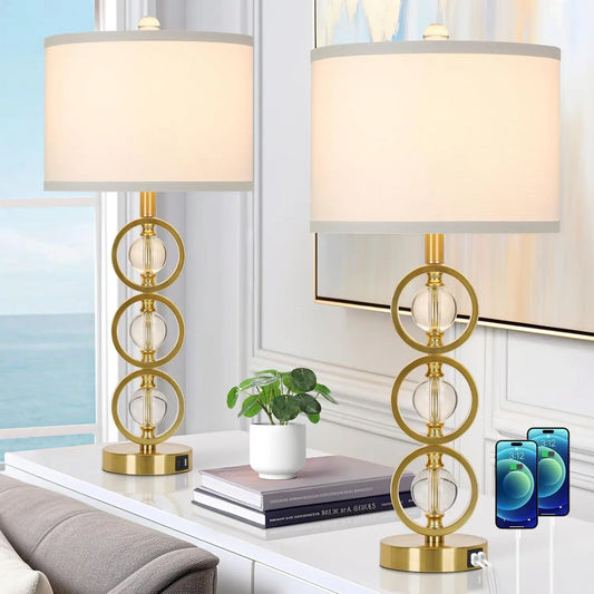 Set Of 2 Modern Gold Table Lamps With 2 USB Charging Ports, 27“ Tall