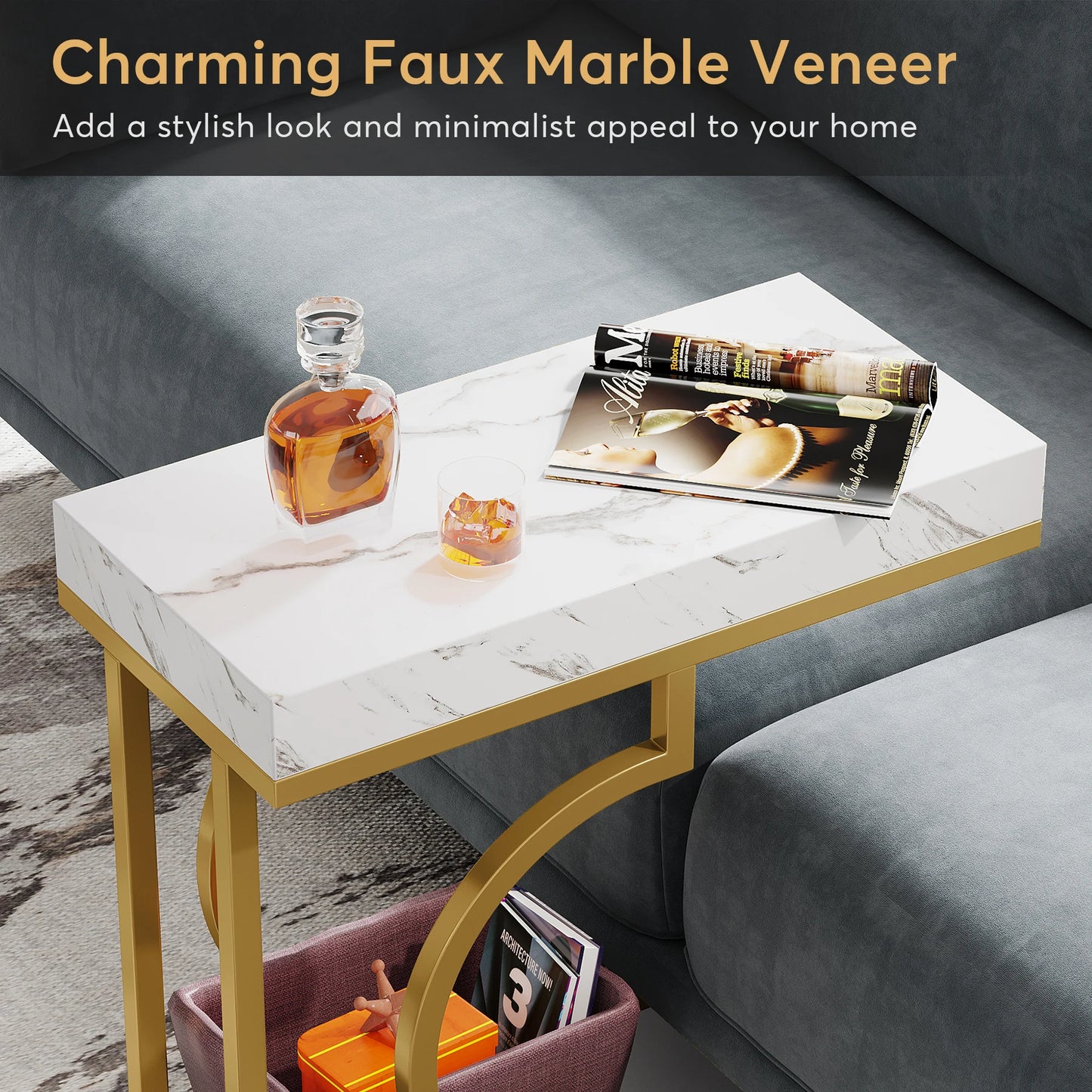 Narrow Side Table, White, Gold